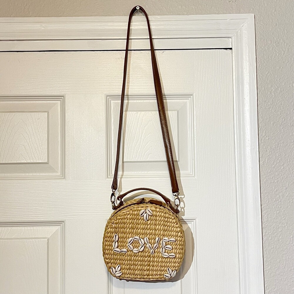 POOLSIDE x Dannijo Ariana “LOVE” Shell Rattan Circular Basket Handbag Purse